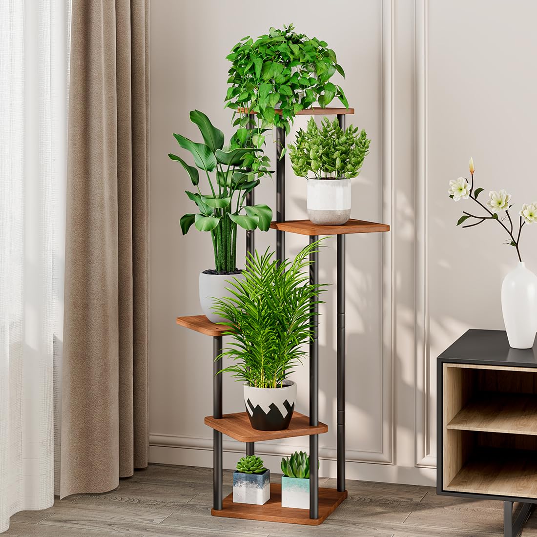 AZERPIAN 5 Tier Tall Plant Stand side view showcasing shelves