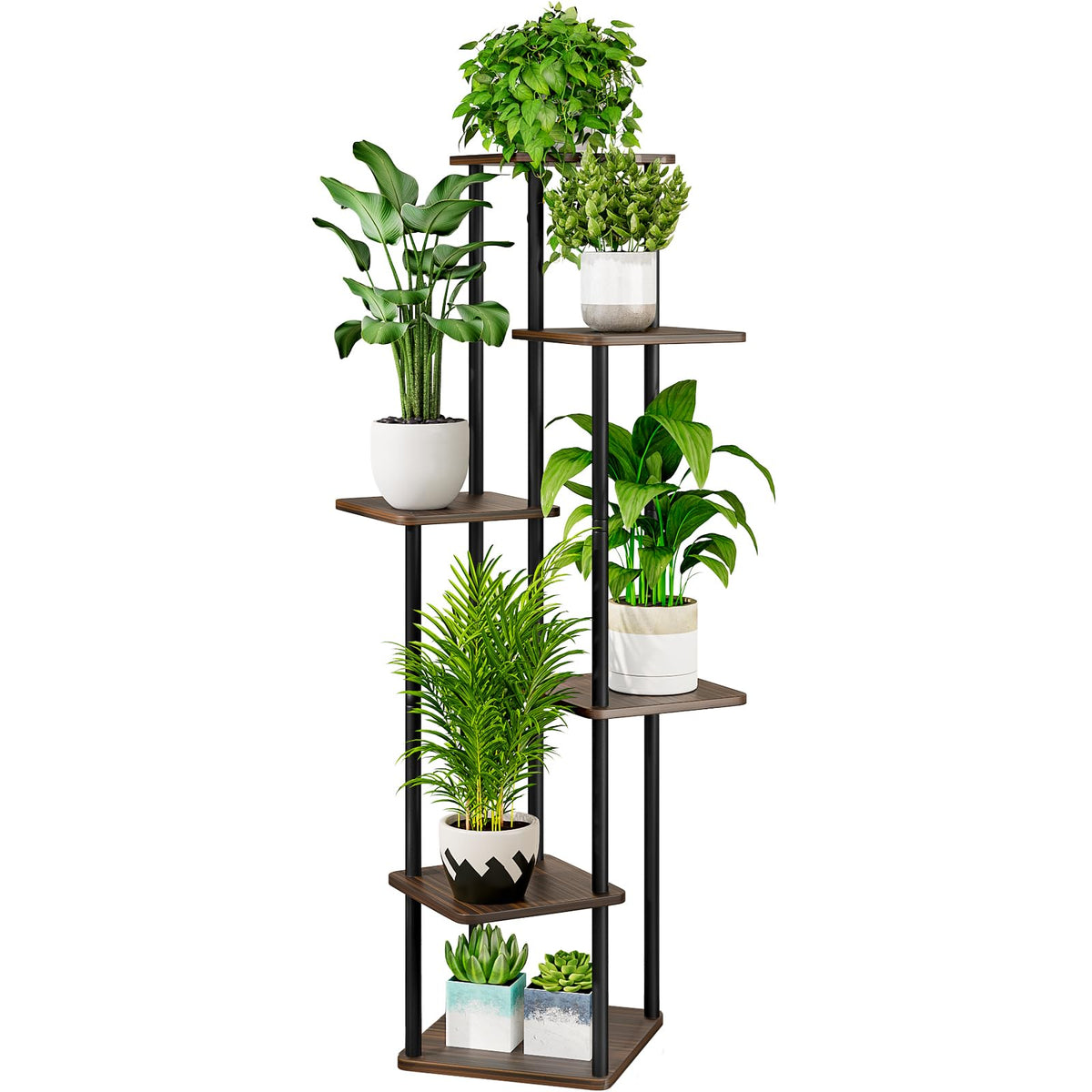 AZERPIAN 6 Tier Tall Plant Stand front view in Black Oak
