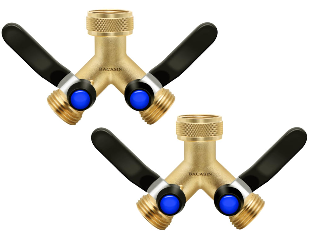 BACASIN 2 Pack Hose Splitter front view with gold finish