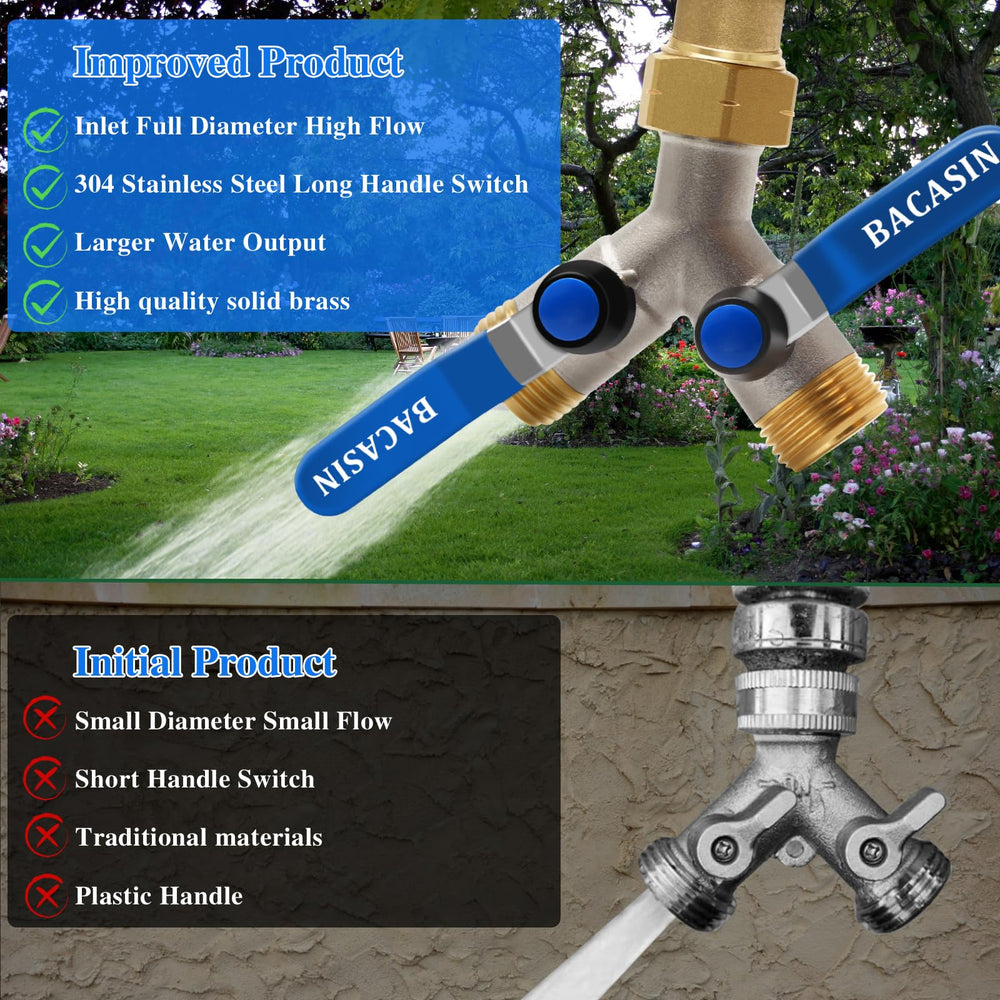 BACASIN Brass Garden Hose Splitter back view with threaded connections