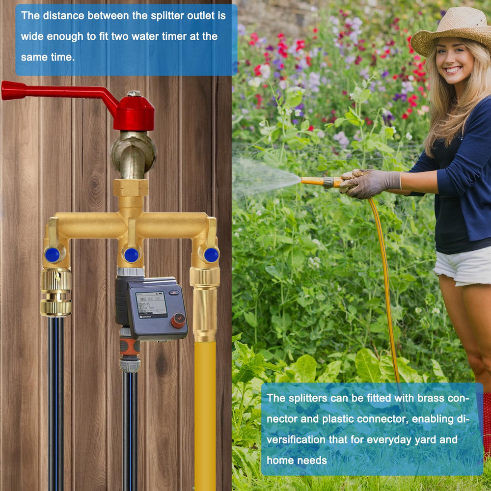 BACASIN Brass Garden Hose Splitter packaging and features listed