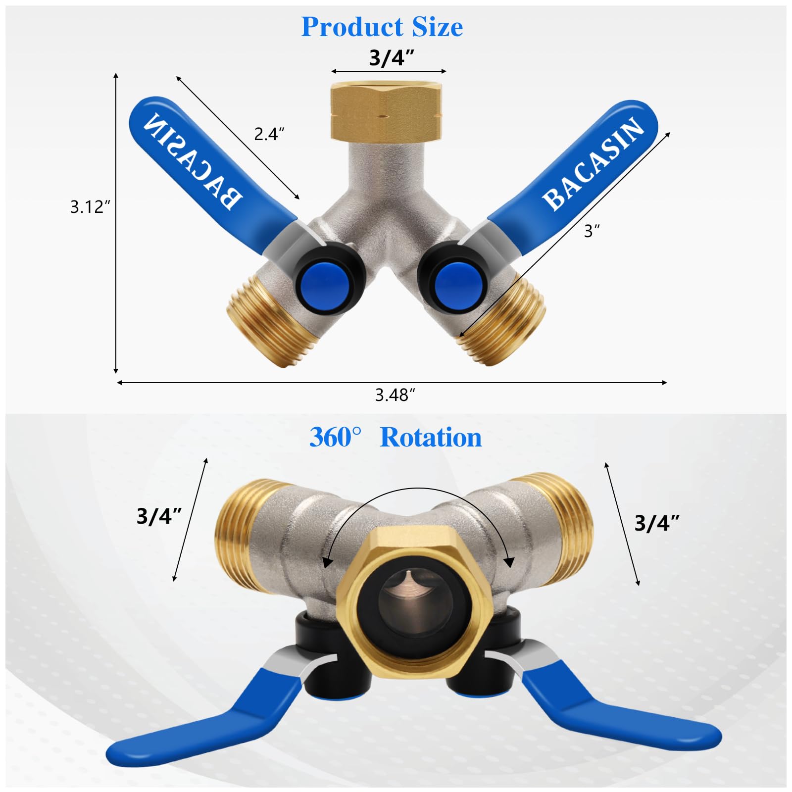 BACASIN Brass Garden Hose Splitter packaging and product details
