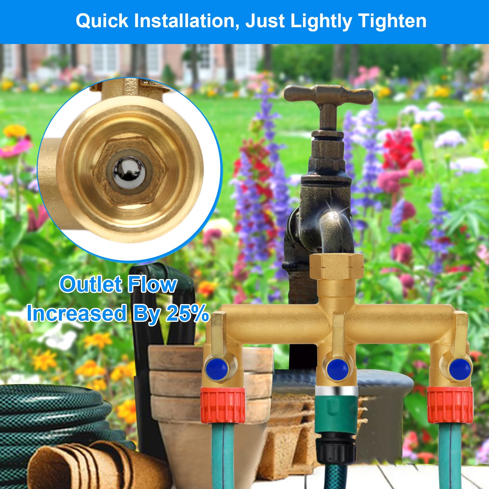 BACASIN Brass Garden Hose Splitter side view showcasing valve controls