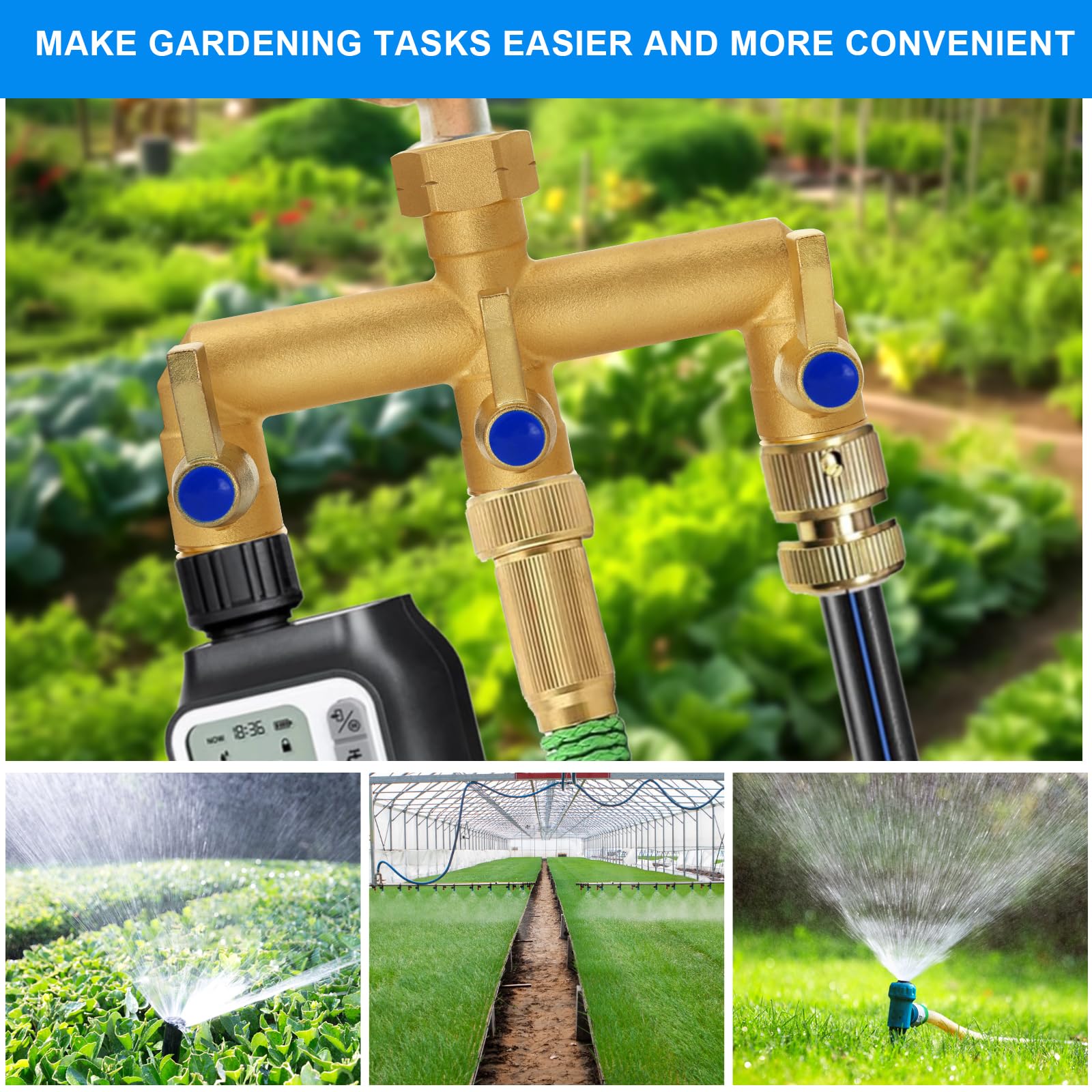 BACASIN Brass Hose Splitter in a garden setting with plants