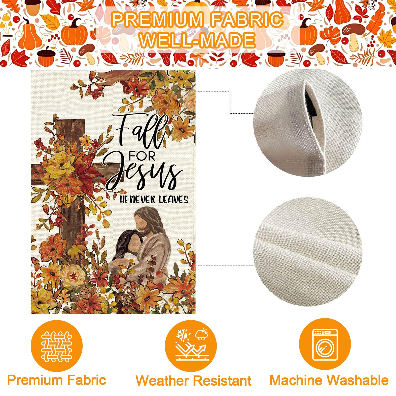 Baccessor Fall For Jesus house flag in a festive autumn setting