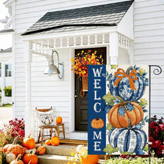Baccessor Fall Pumpkin Garden Flag displayed in garden setting