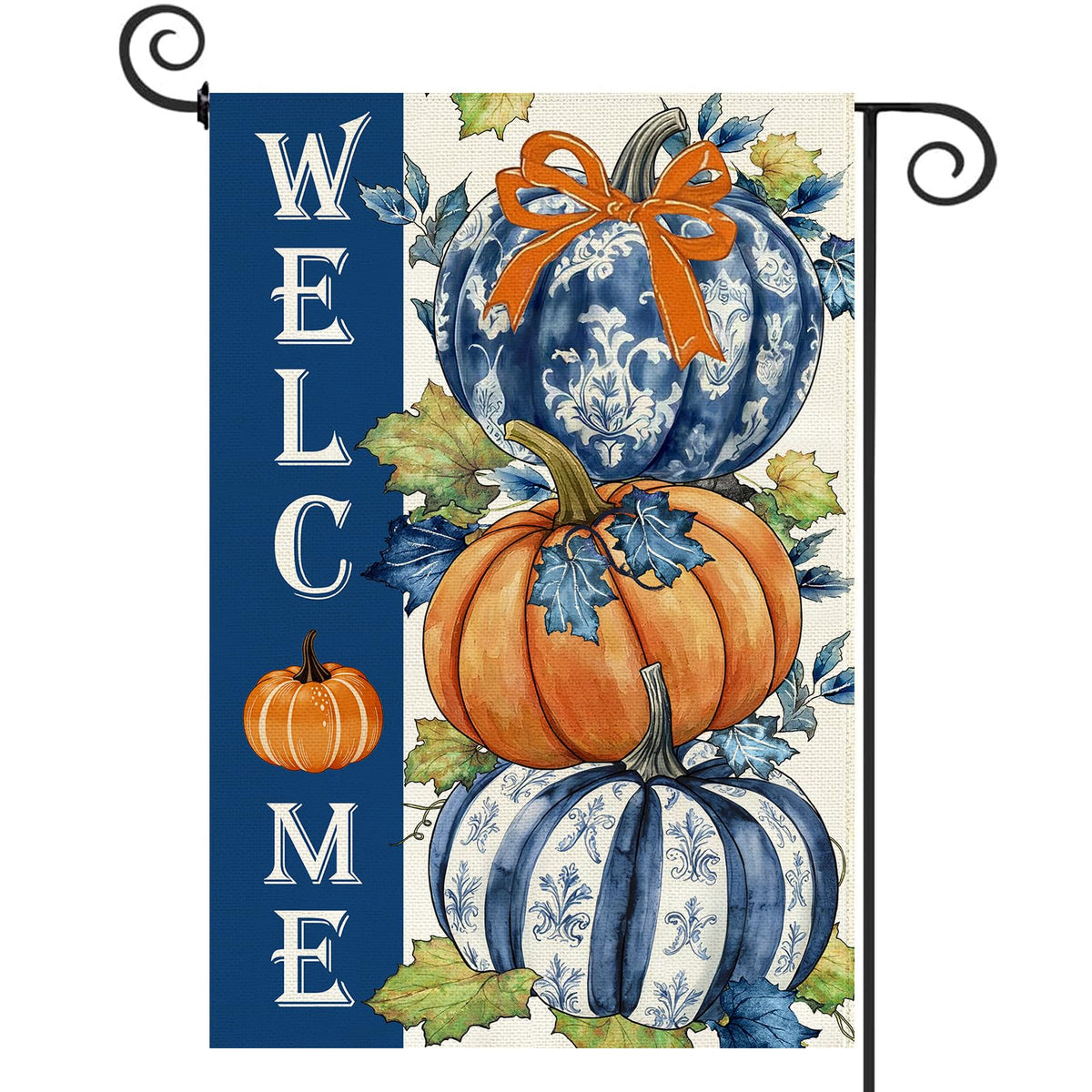 Baccessor Fall Pumpkin Garden Flag front view showcasing blue and white design