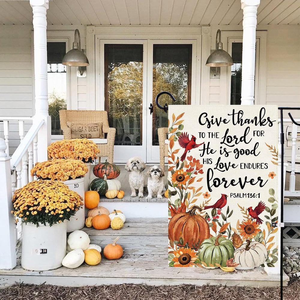 Baccessor Fall Pumpkin Garden Flag hanging on a flagpole