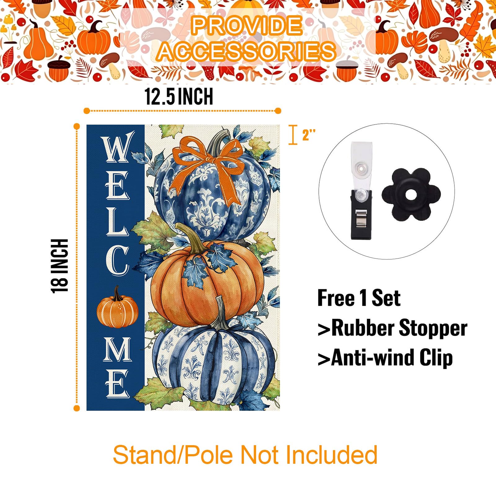 Baccessor Fall Pumpkin Garden Flag hanging on standard flag pole
