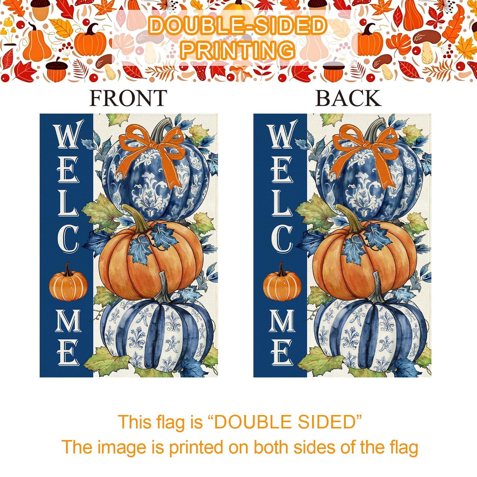 Baccessor Fall Pumpkin Garden Flag on porch with fall decorations