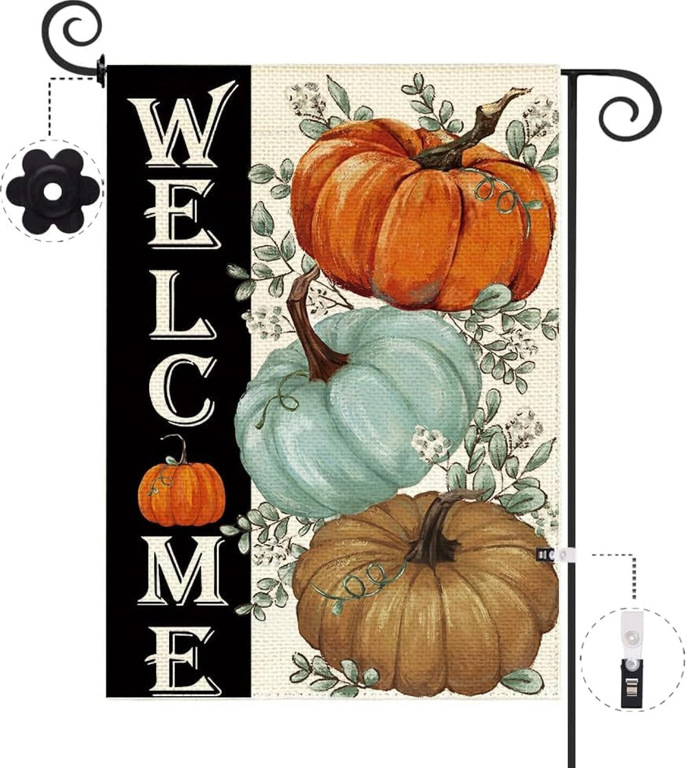 Baccessor Fall Pumpkins Garden Flag front view with autumn leaves
