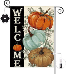 Baccessor Fall Pumpkins Garden Flag front view with autumn leaves