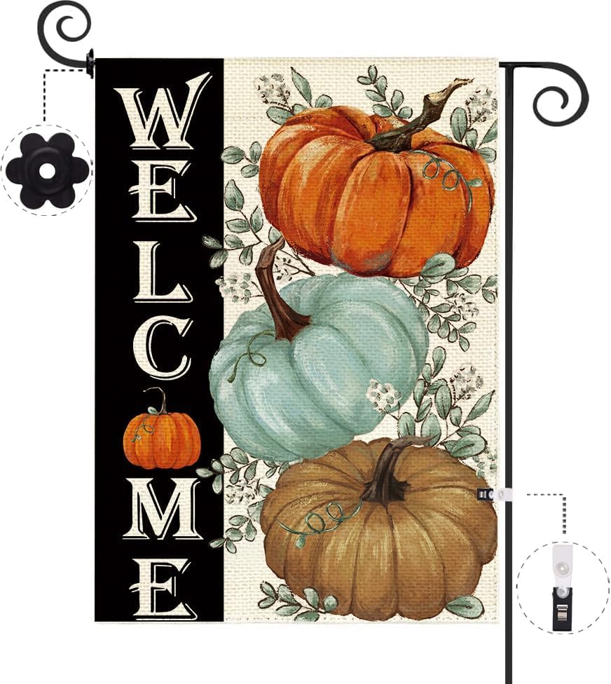 Baccessor Fall Pumpkins Garden Flag side view showcasing the double-sided print