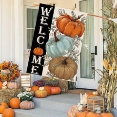 Baccessor Fall Pumpkins House Flag side view showing double sided print