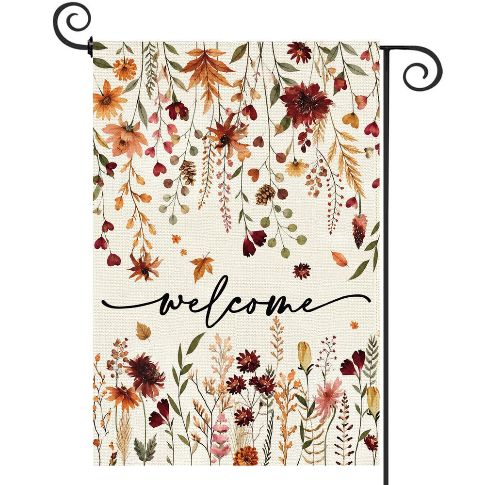 Baccessor Fall Welcome Garden Flag front view with orange floral design