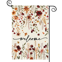 Baccessor Fall Welcome Garden Flag front view with orange floral design