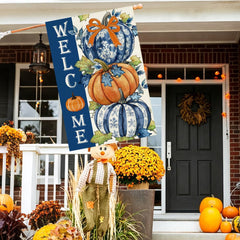 Baccessor Fall Welcome Pumpkin House Flag displayed in garden