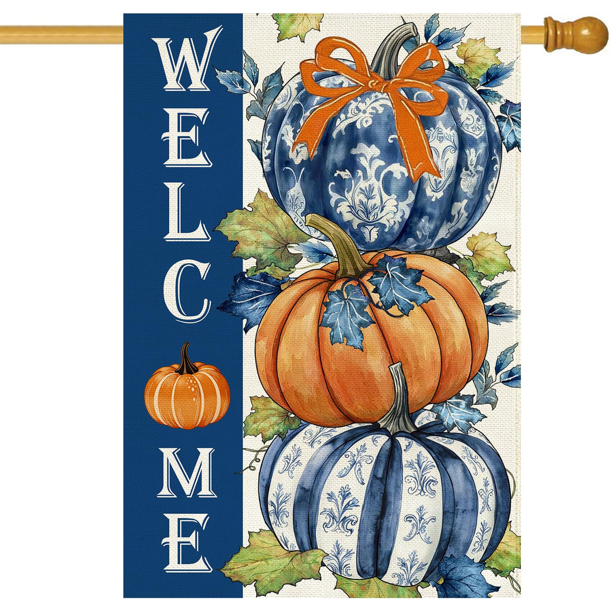 Baccessor Fall Welcome Pumpkin House Flag front view, blue and white