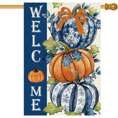 Baccessor Fall Welcome Pumpkin House Flag front view, blue and white