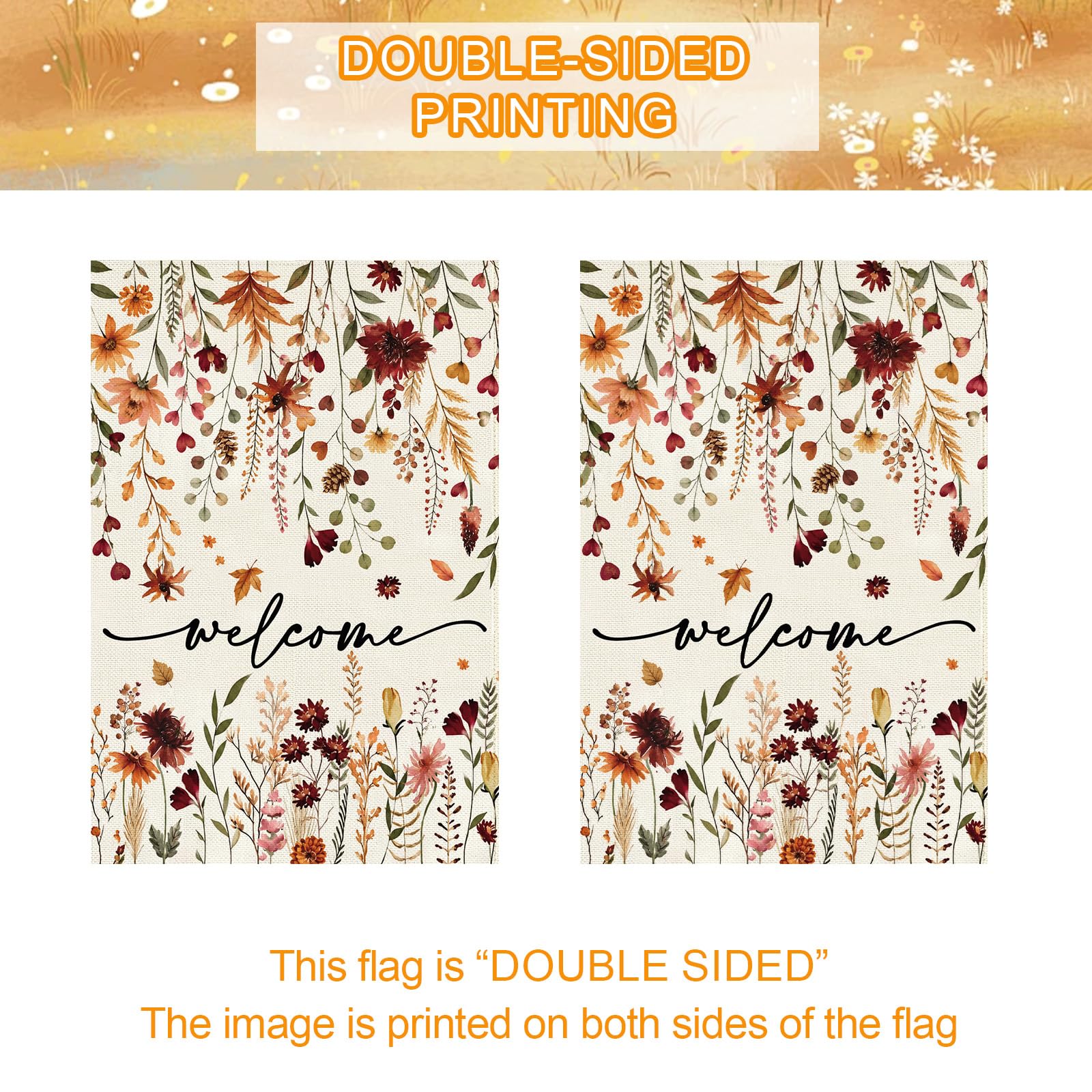 Baccessor garden flag alongside autumn decorations
