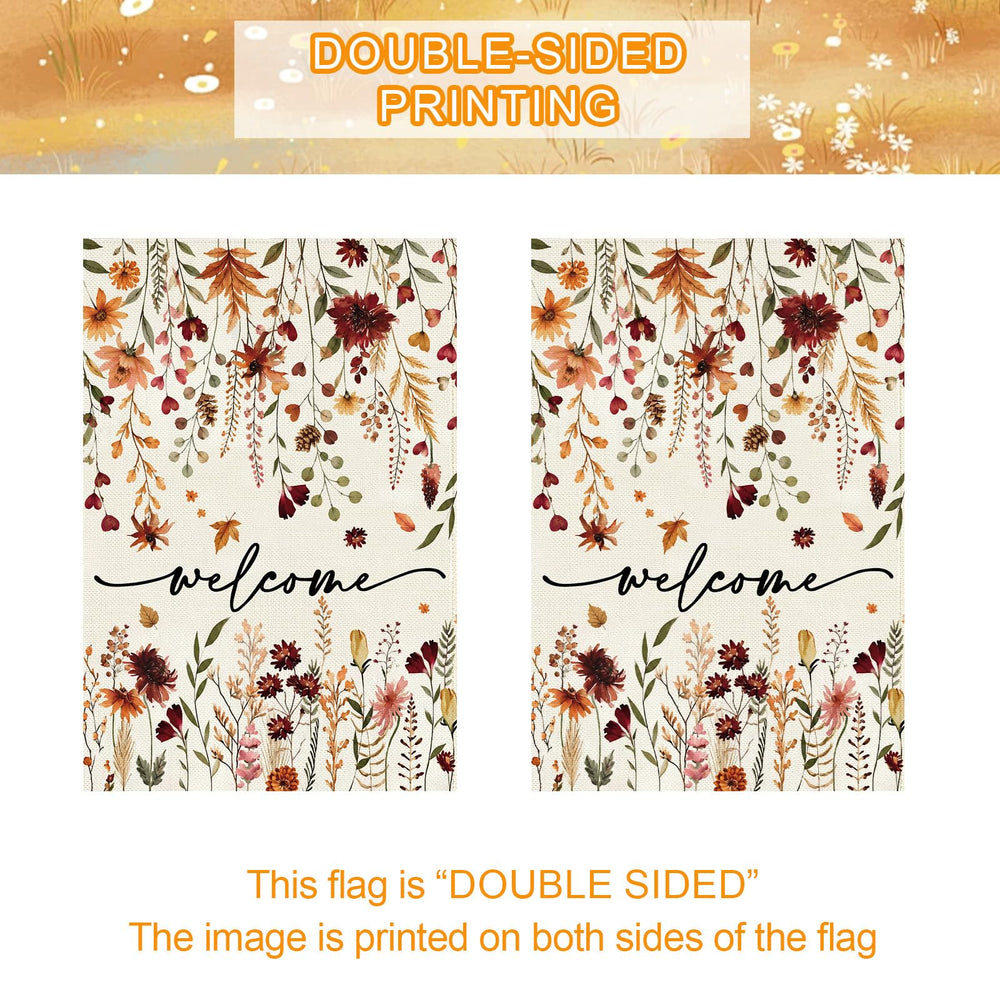 Baccessor garden flag alongside autumn decorations