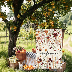 Baccessor garden flag displayed in a garden setting