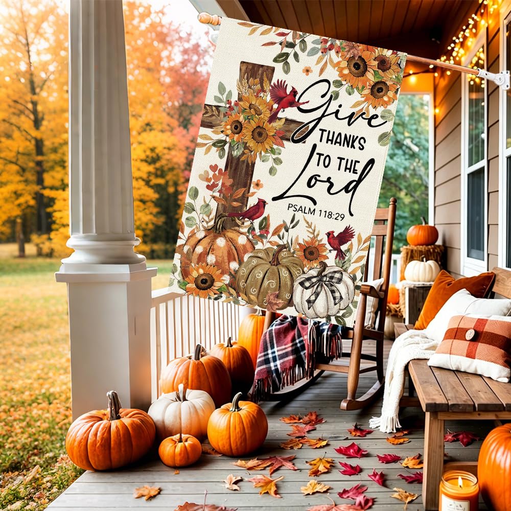 Baccessor house flag installed on a porch with autumn decorations