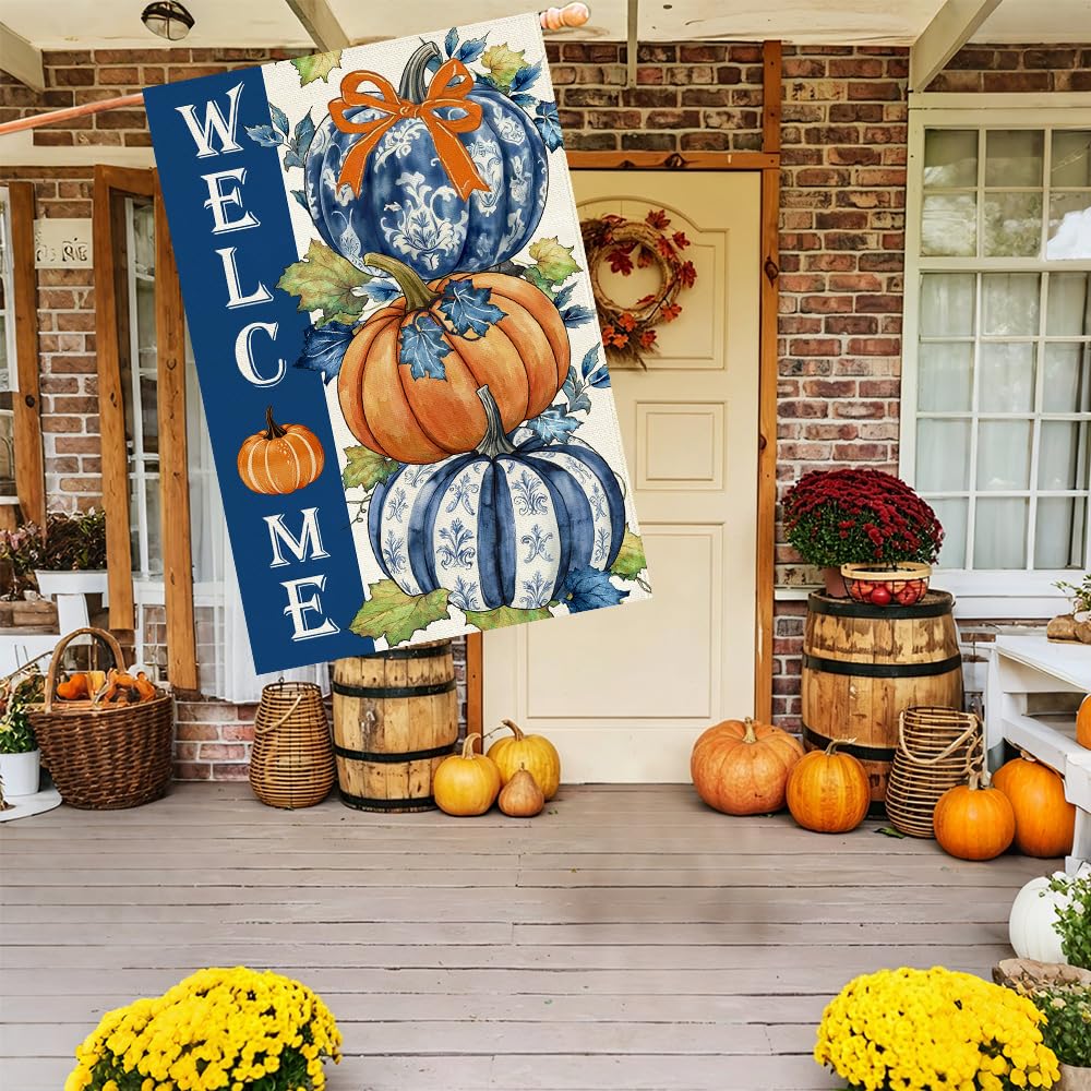 Baccessor Pumpkin House Flag hanging on a porch