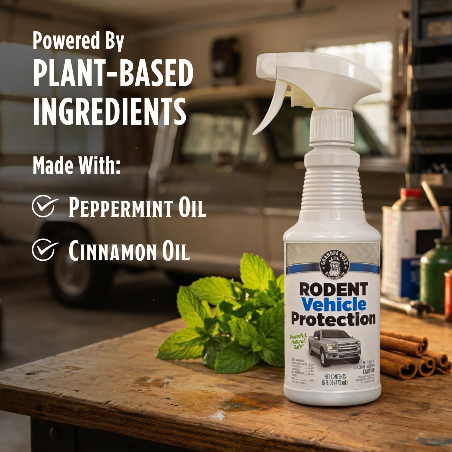 Back label of Grandpa Gus's Rodent Vehicle Repellent Spray showing ingredients