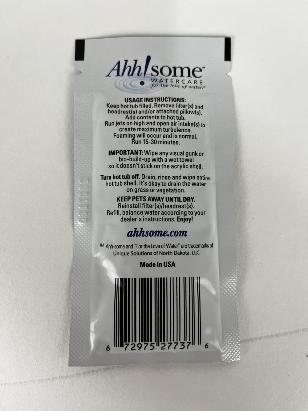 Back of Ahh-Some Hot Tub Serum Cleaner Sachet
