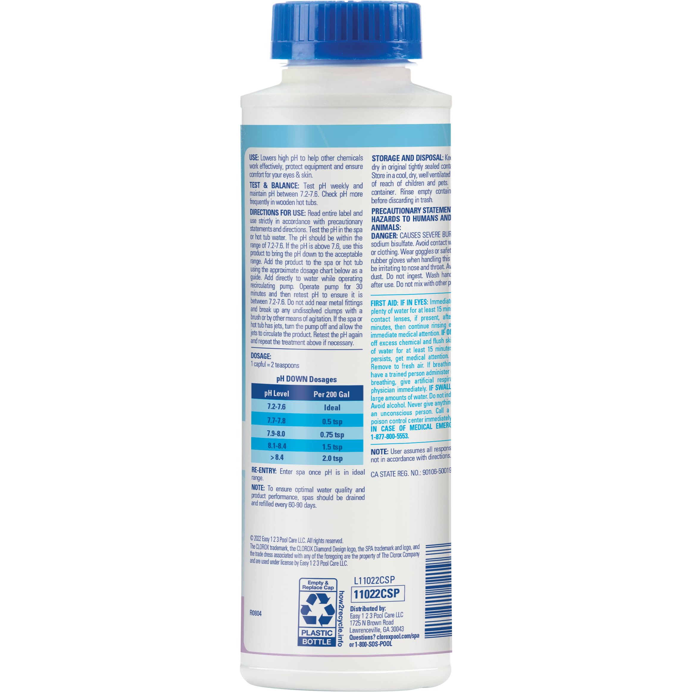 Back of CLOROX Pool&Spa Spa pH Down packaging