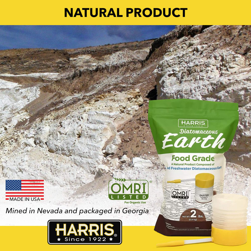 Back of HARRIS Diatomaceous Earth bag showing ingredients