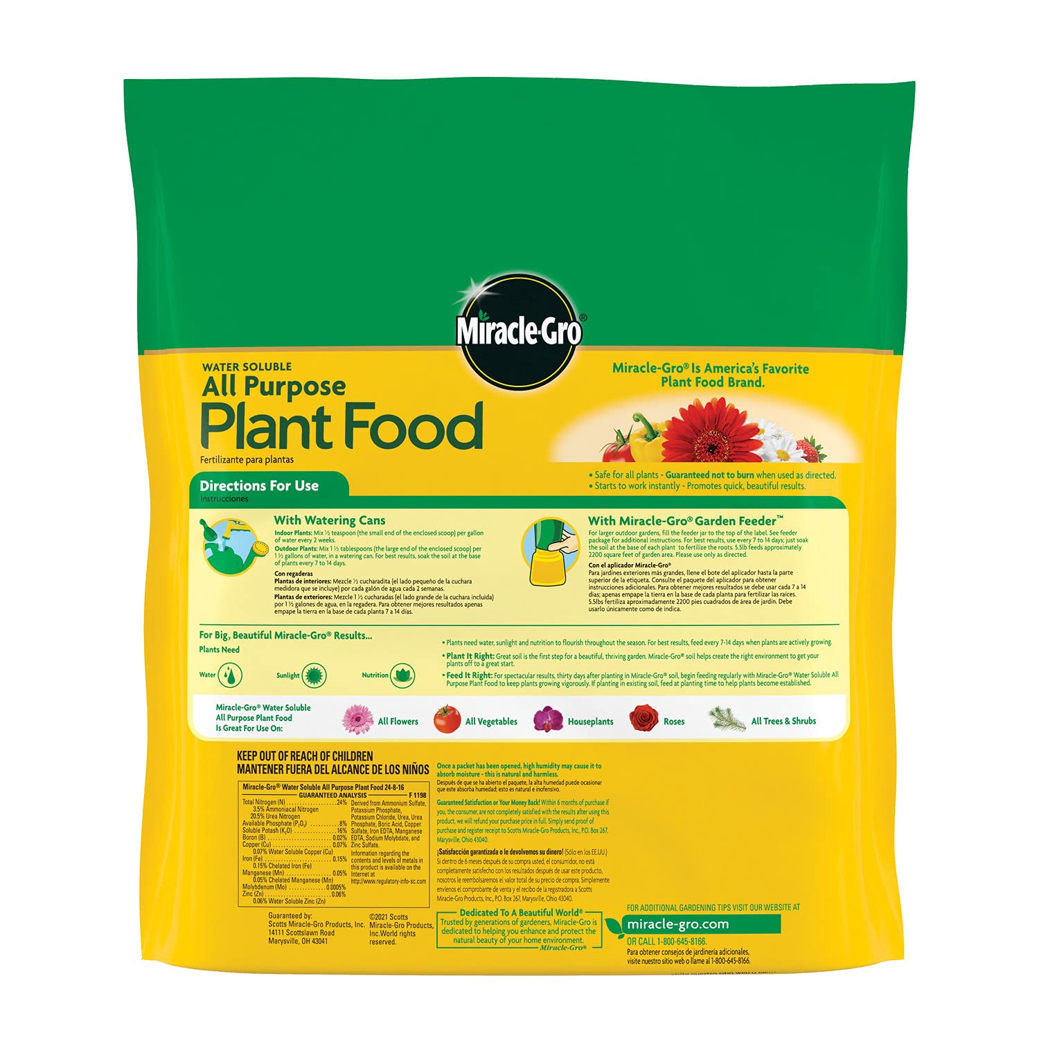 Back of Miracle-Gro Water Soluble All Purpose Plant Food packaging