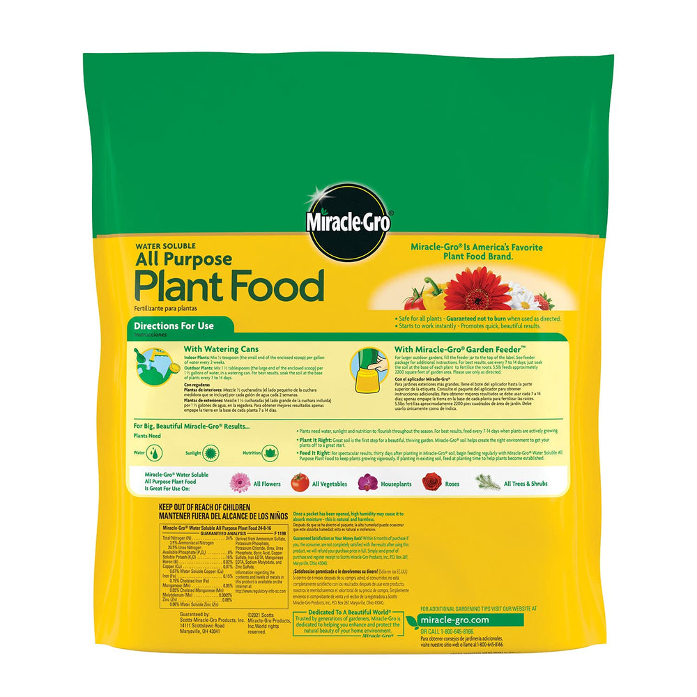 Back of Miracle-Gro Water Soluble All Purpose Plant Food packaging