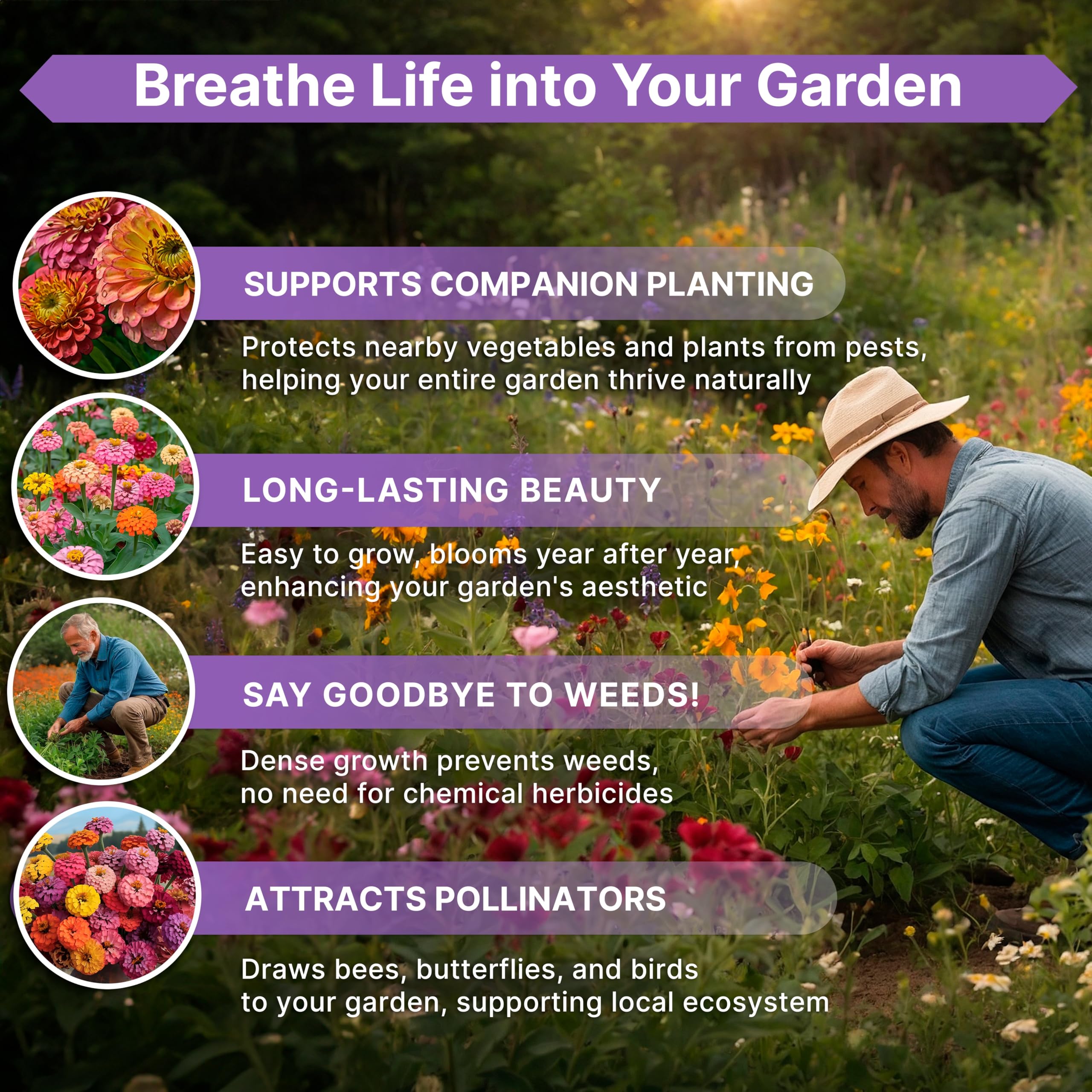 Back of Organo Republic Zinnia Seeds Pack showing instructions