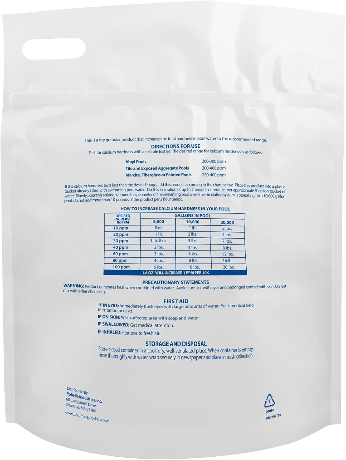 Back of Pool Mate Calcium Hardness Increaser packaging