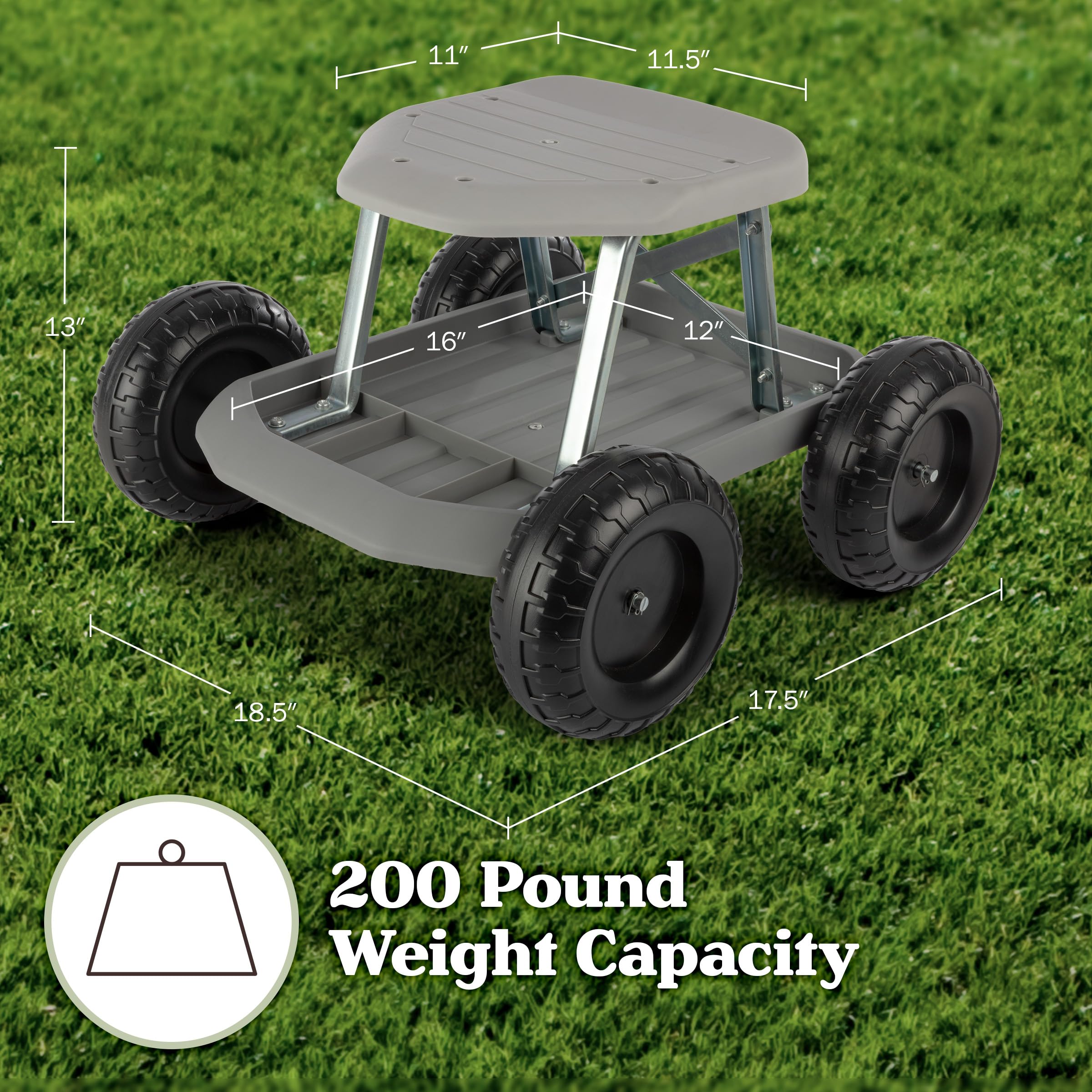 Back of Pure Garden Rolling Garden Stool with tool tray