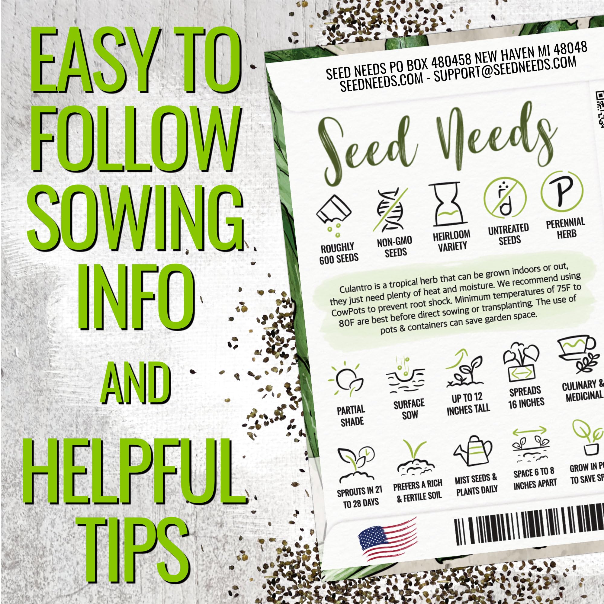 Back of Seed Needs Culantro seeds packet with sowing guide