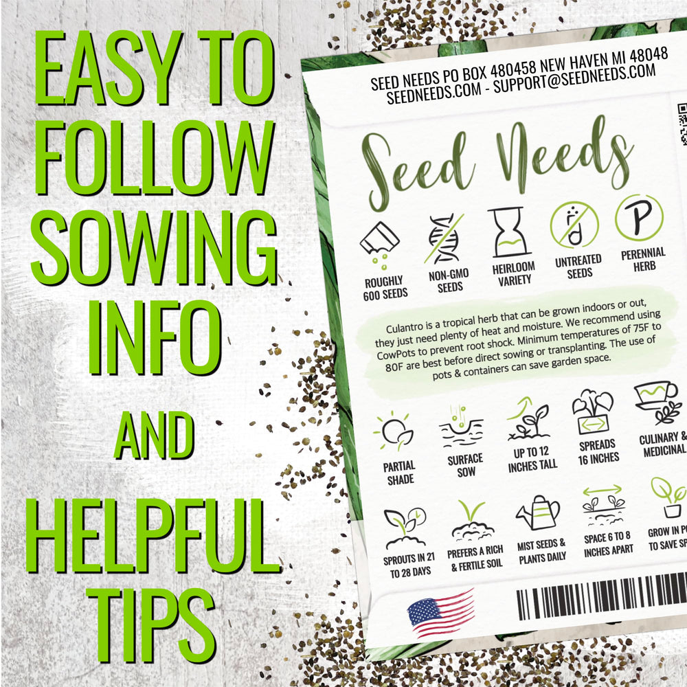 Back of Seed Needs Culantro seeds packet with sowing guide