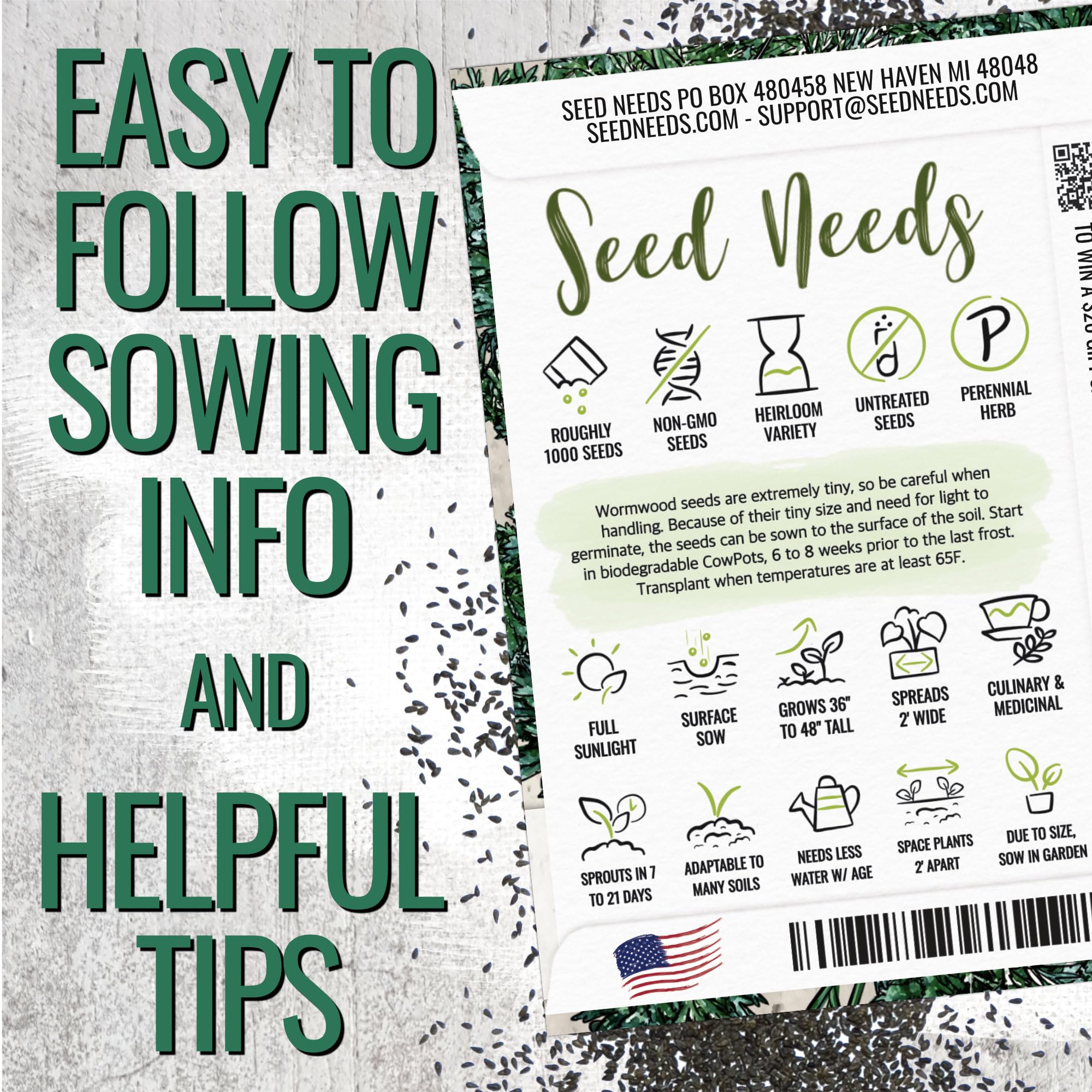 Back of Seed Needs Wormwood packet showing sowing instructions