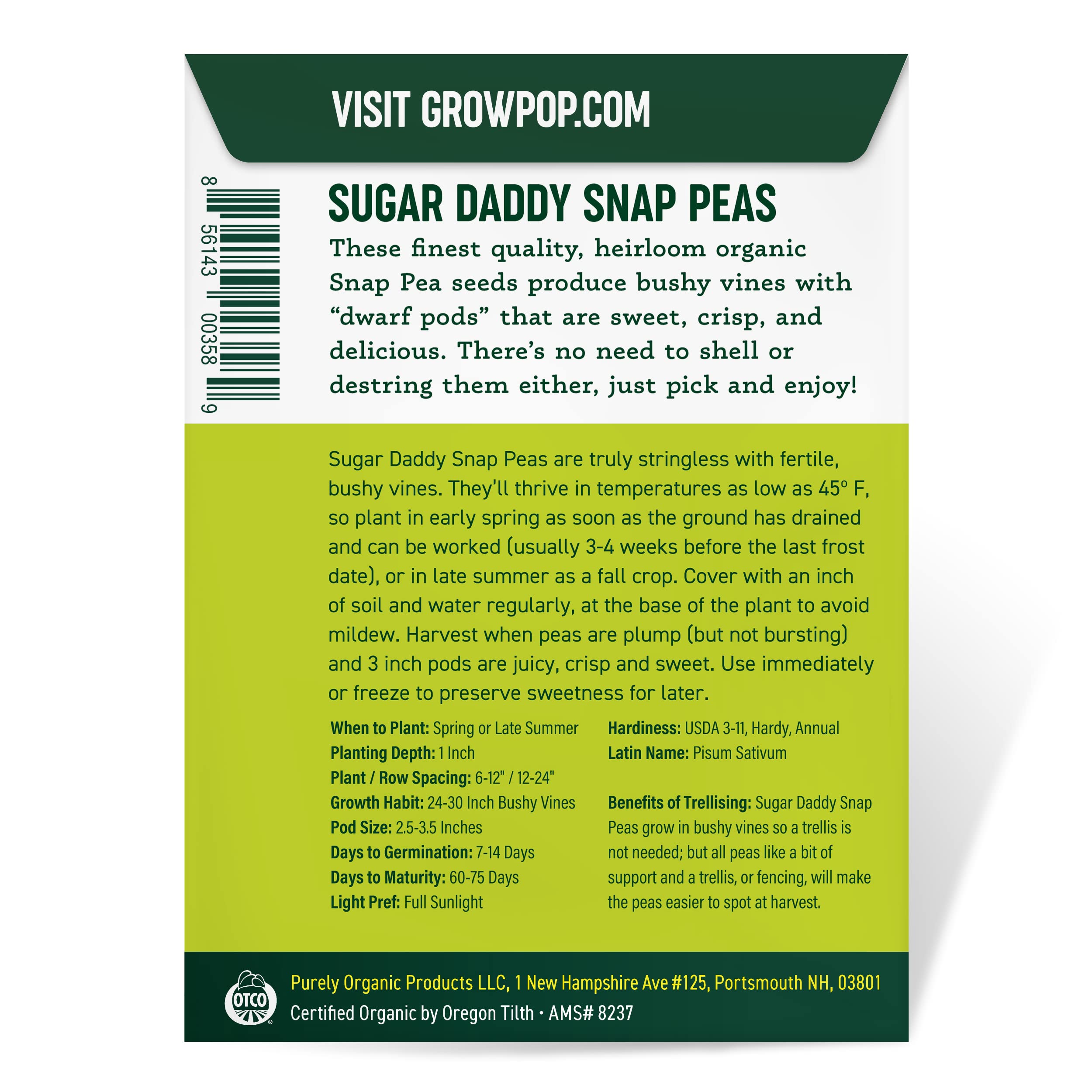 Back of Sugar Daddy Snap Pea Seeds packet with planting instructions