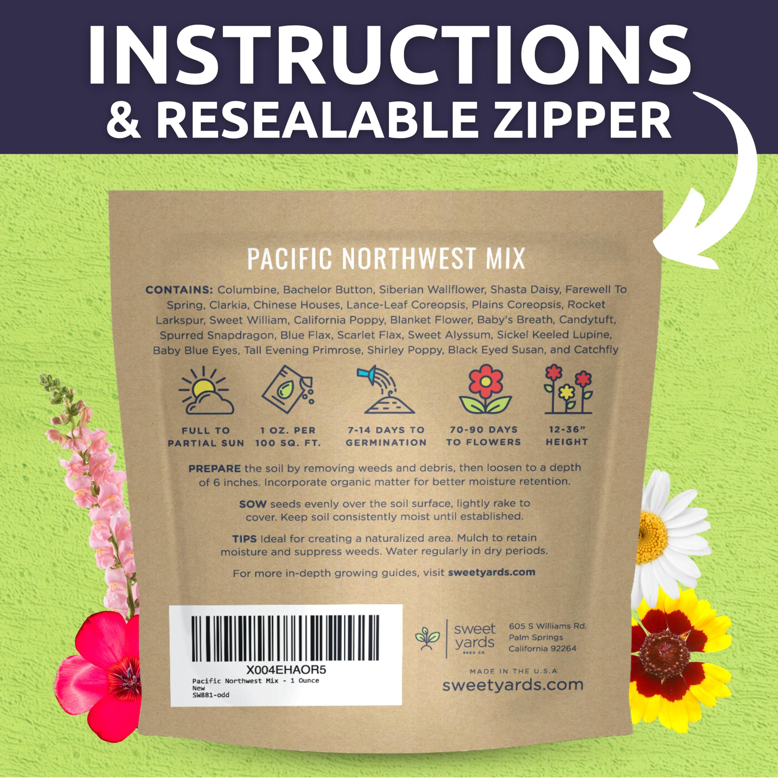 Back of SWEET YARDS Pacific Northwest Wildflower Mix packet with planting instructions