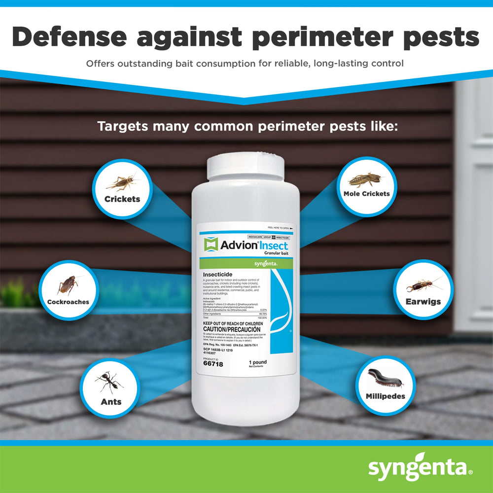 Back of Syngenta Advion Insect Granular Bait 1 lb shaker bottle