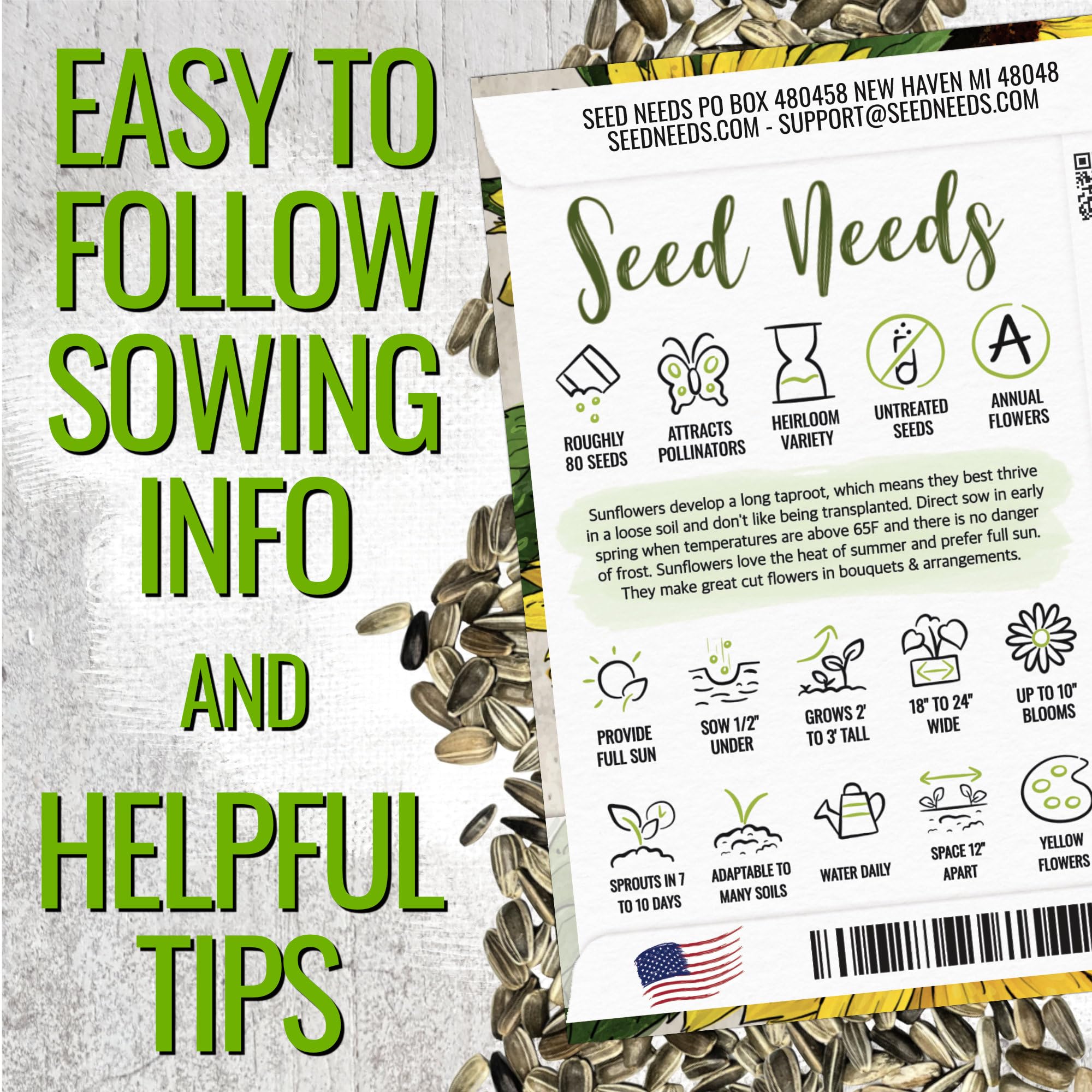 Back of the Dwarf Sunspot Sunflower seed packet showing sowing info