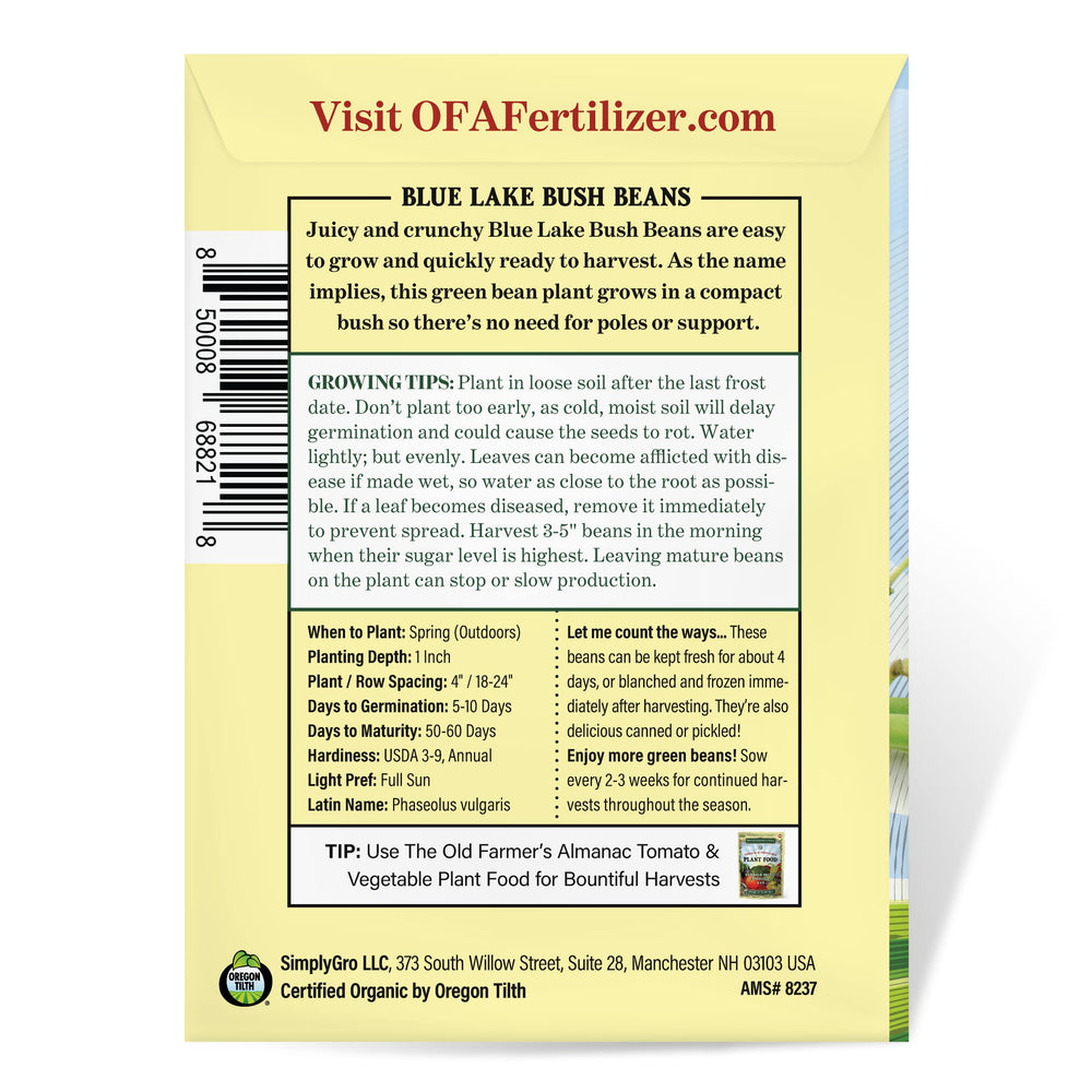 Back of The Old Farmer's Almanac Heirloom Organic Bush Bean Seeds packet