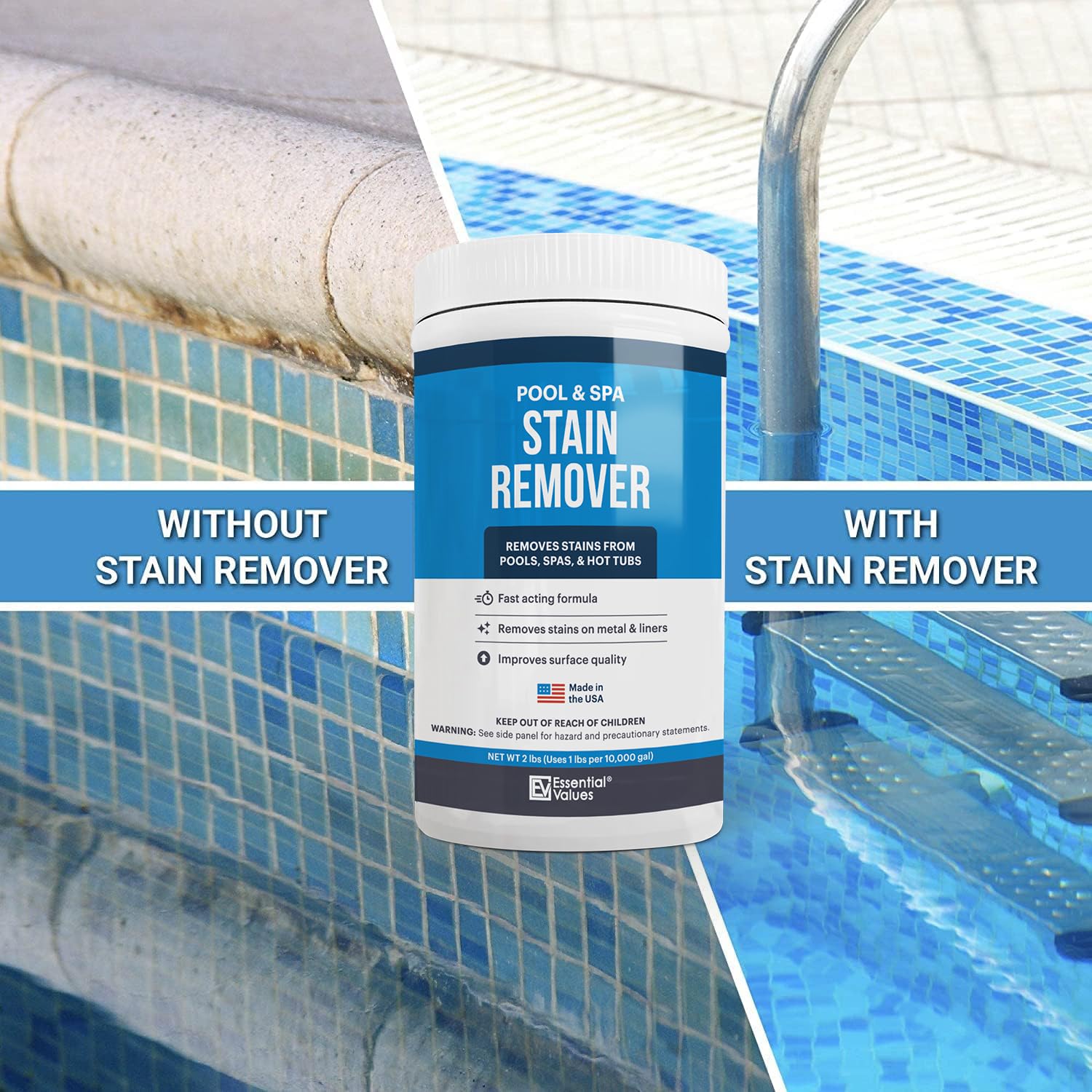 Back packaging of Essential Values Swimming Pool & Spa Stain Remover
