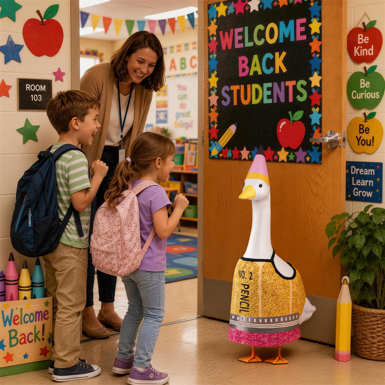 Back to School Goose Costume on a porch, cheerful setting