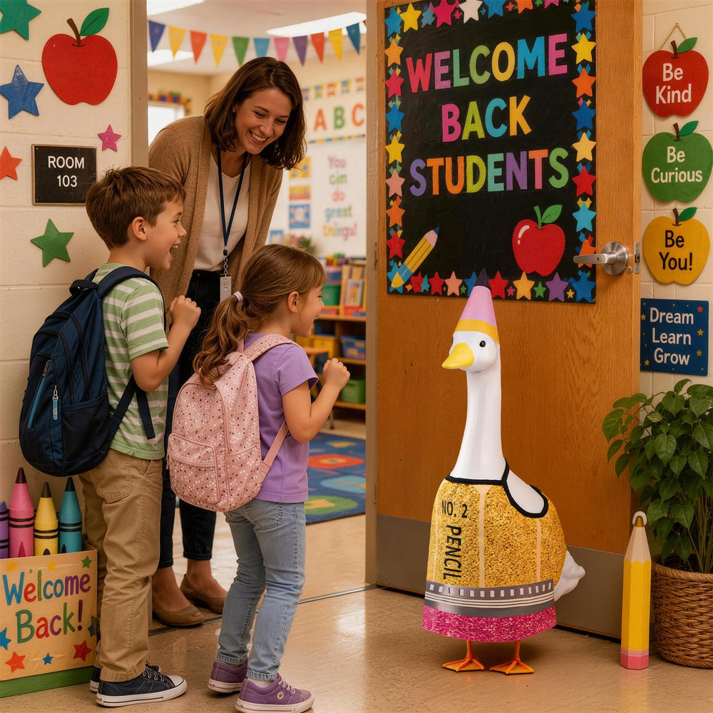 Back to School Goose Costume on a porch, cheerful setting