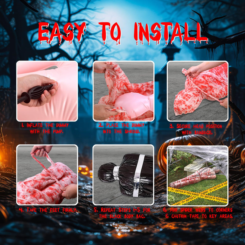 Back view of 6ft inflatable corpse in Halloween setup