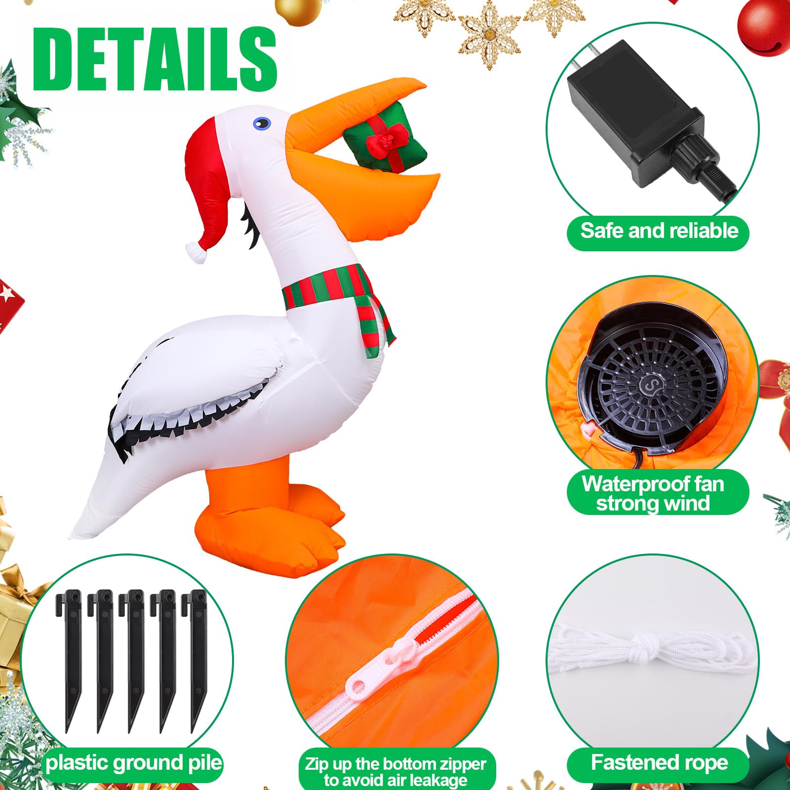 Back view of 6ft inflatable pelican with ground stakes
